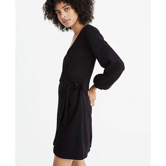 Madewell Black Texture & Thread Long-Sleeve Side-Tie Wrap Mini Dress Size XXS - Picture 4 of 11